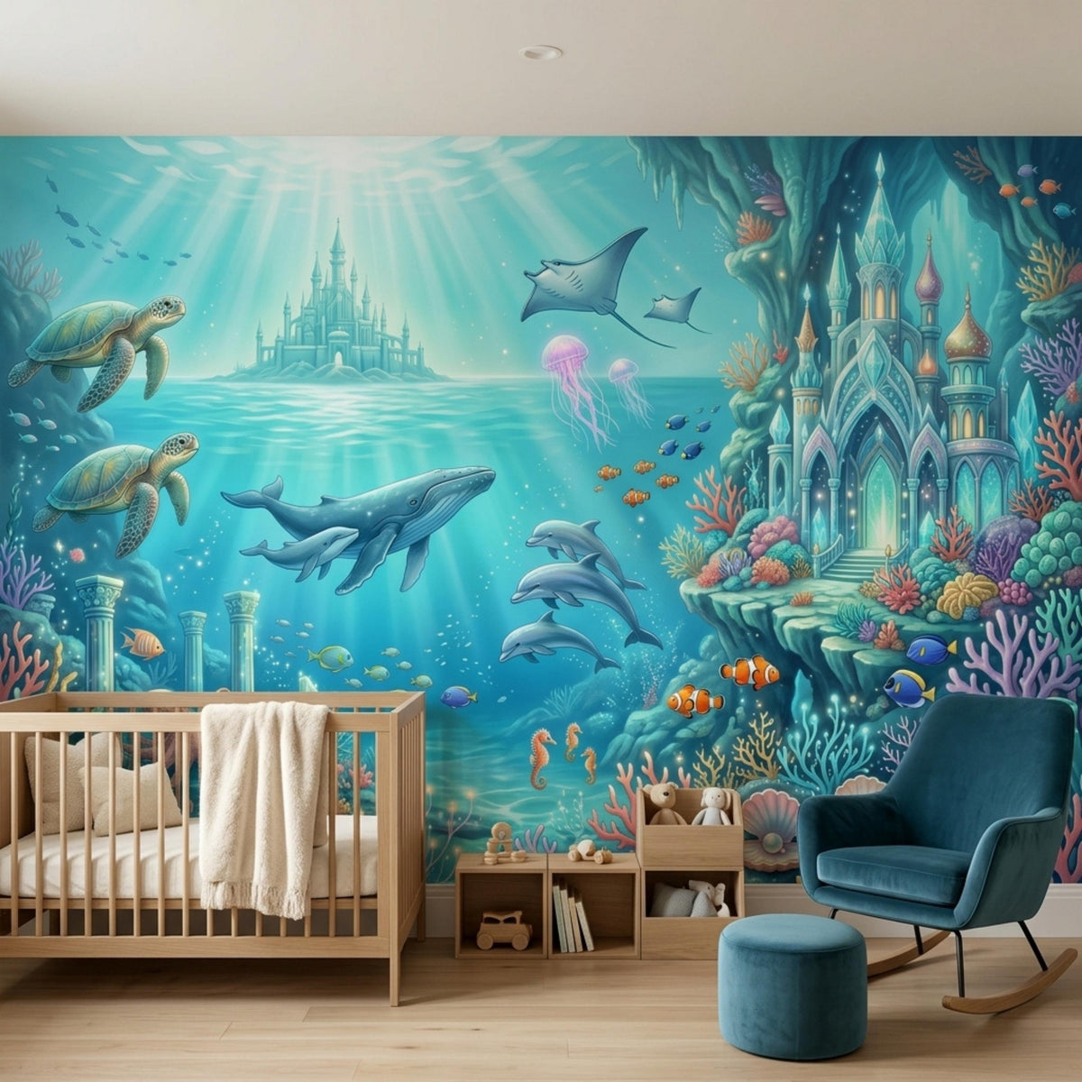 A nursery features the underwater scene wall mural alongside a wooden crib, a velvet blue armchair, and a teal ottoman.