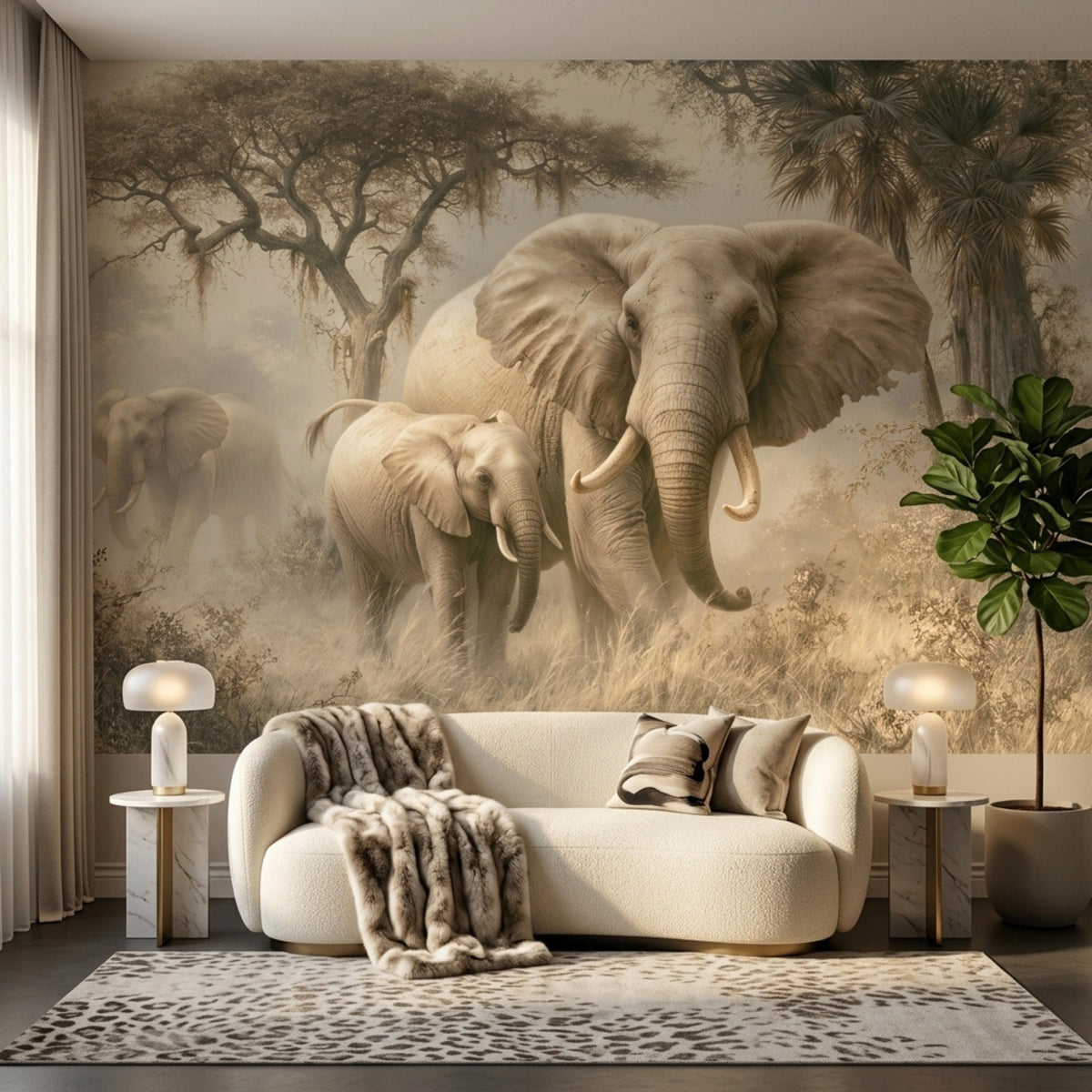 A living room features a large savanna wall mural with elephants, a white sofa with a throw blanket, and a leopard-print rug.