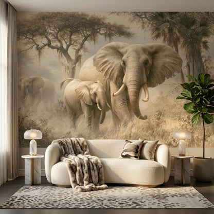 A living room features a large savanna wall mural with elephants, a white sofa with a throw blanket, and a leopard-print rug.