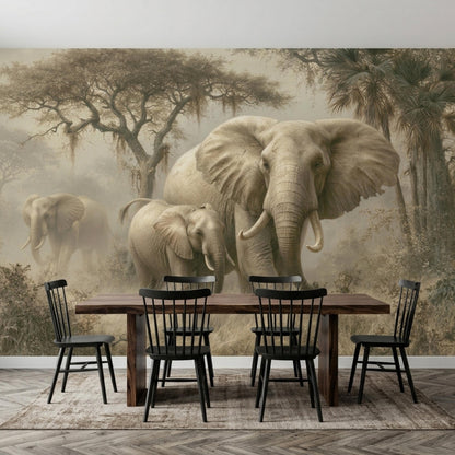 A wooden dining table with black chairs is set against a large savanna wallpaper mural depicting elephants.