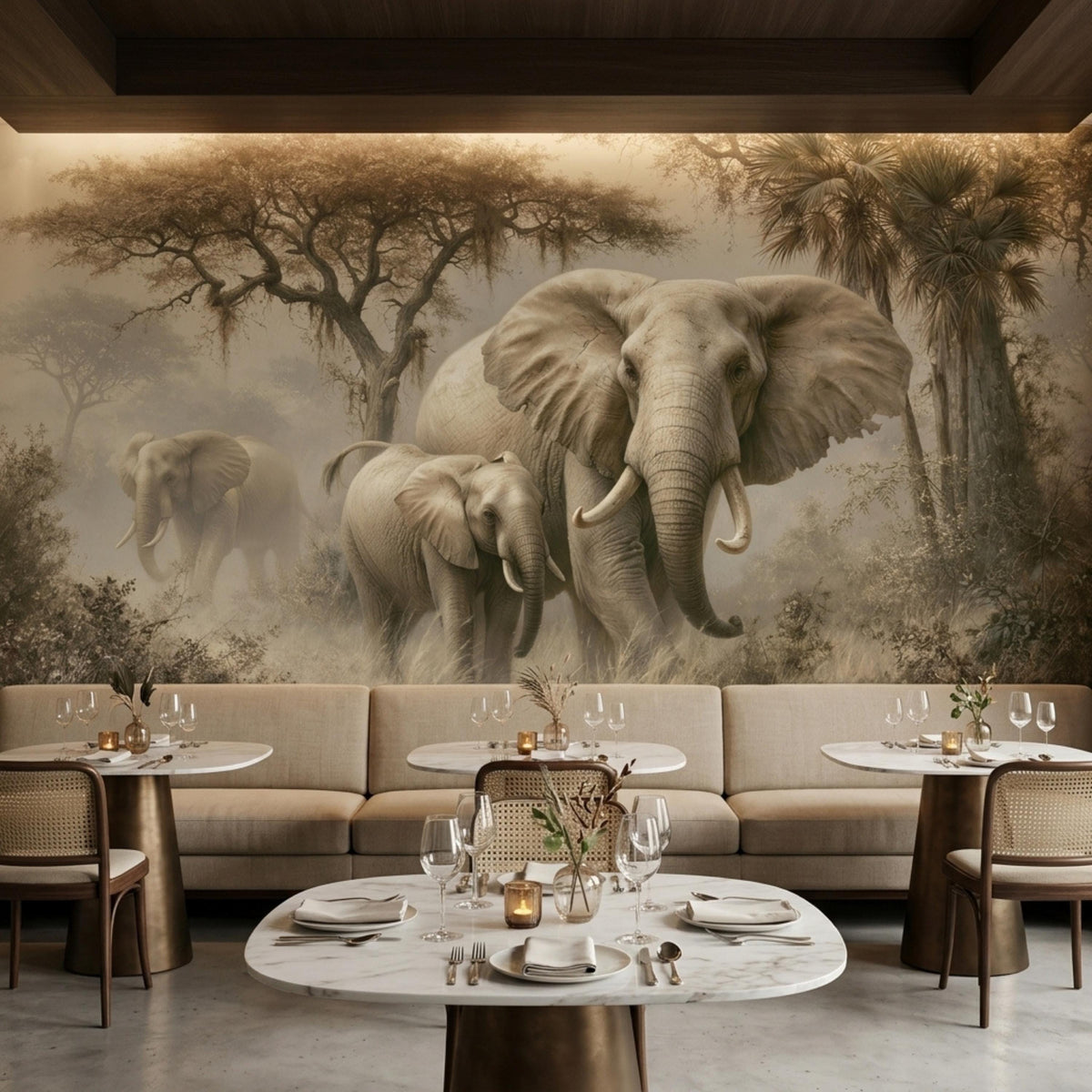 Two small dining tables and chairs are arranged in a modern interior against a large elephant savanna wall mural.