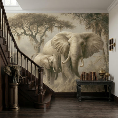 A hallway features dark wooden stairs next to a large wall mural of elephants in an African savanna.