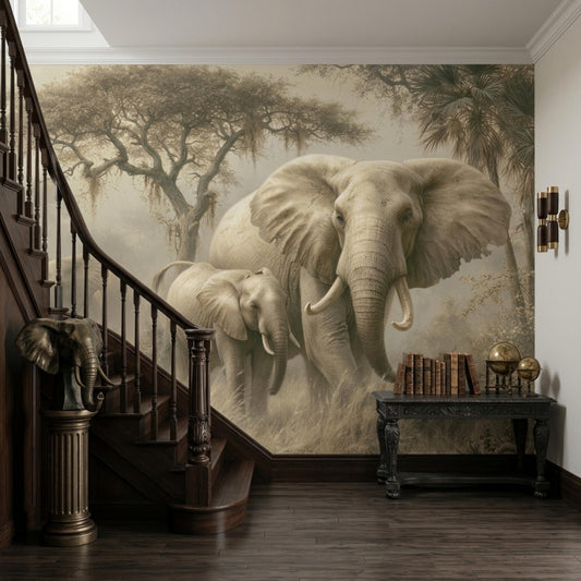 A hallway features dark wooden stairs next to a large wall mural of elephants in an African savanna.