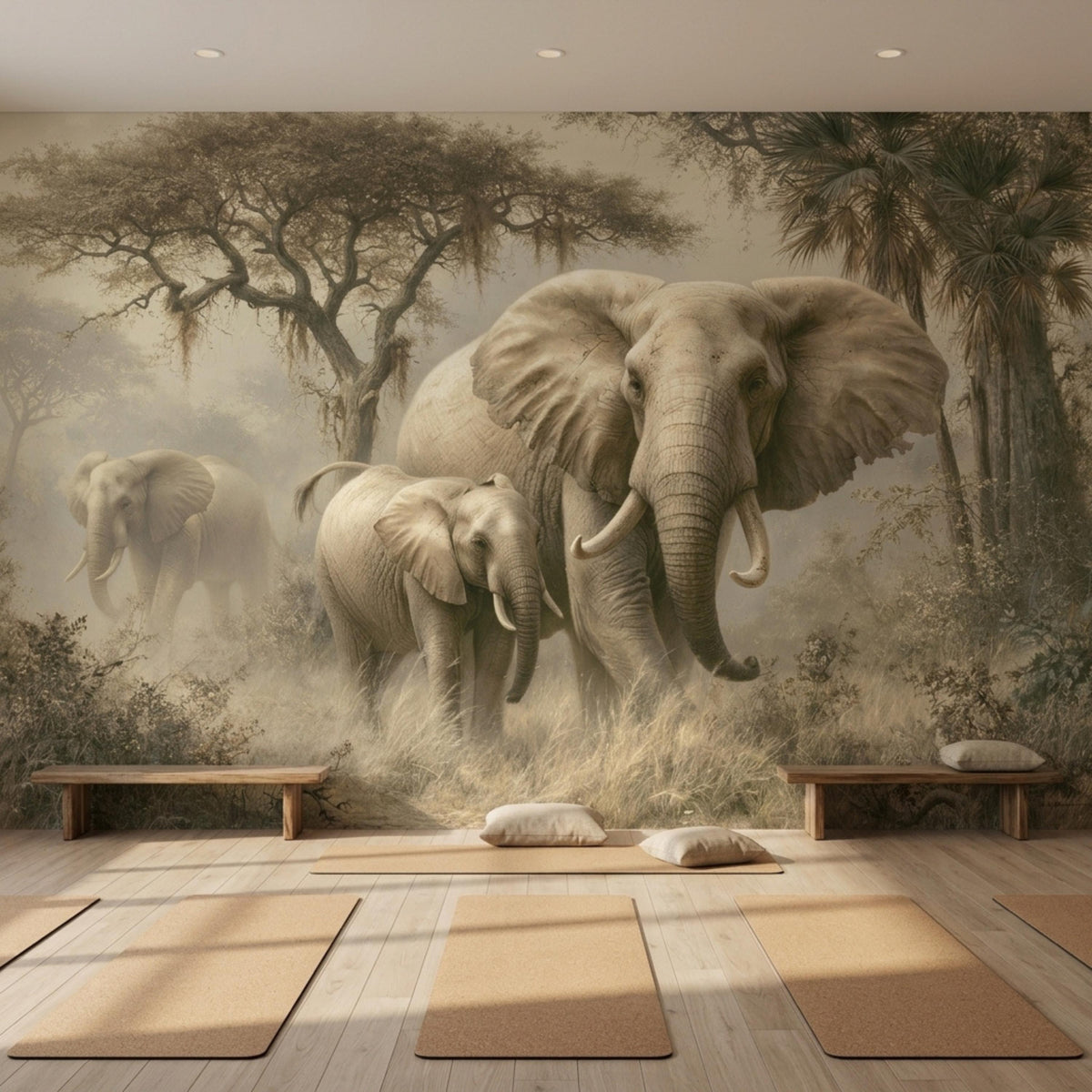 Yoga mats are laid out on a light wood floor in front of a large savanna wall mural featuring elephants.