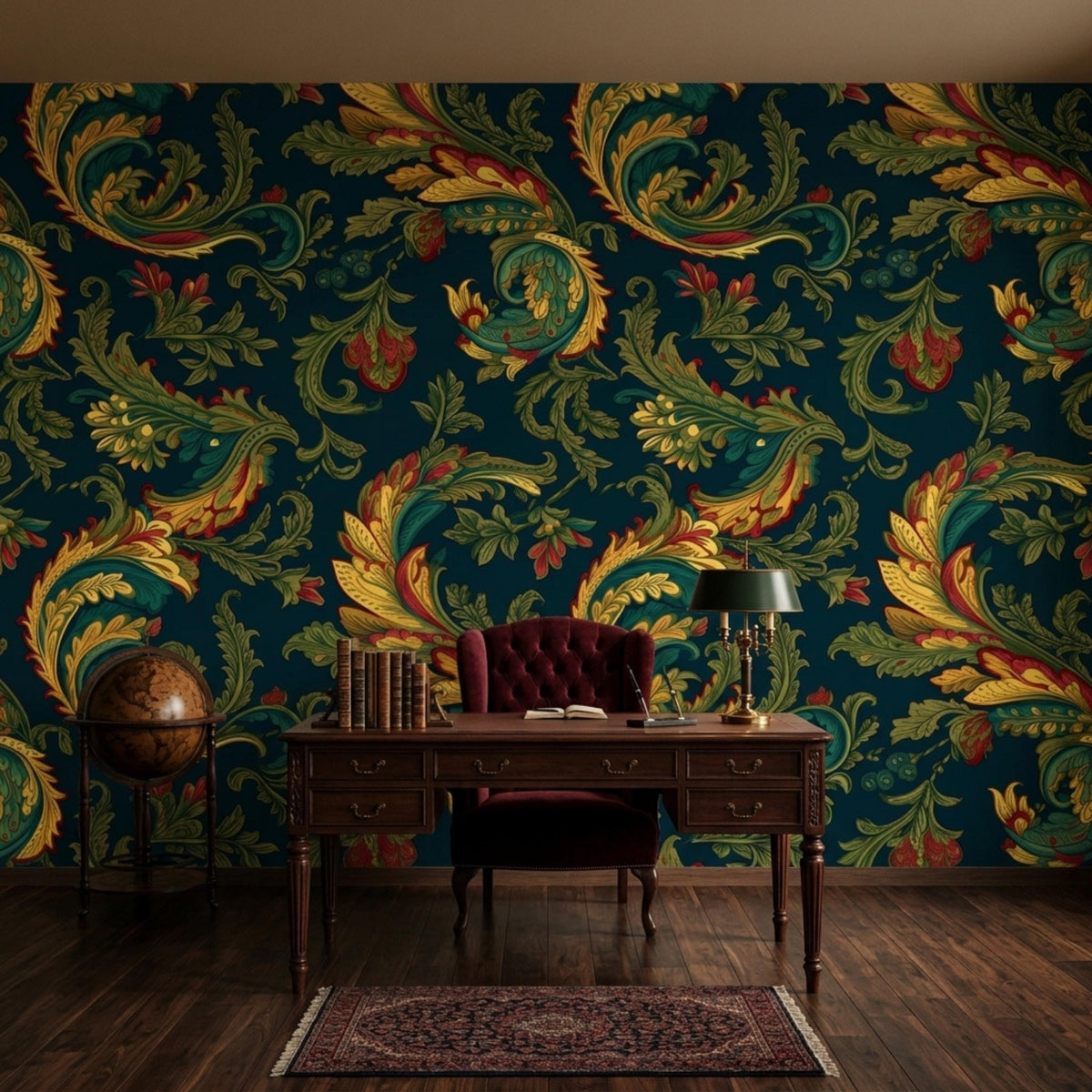 A study features dark green baroque acanthus wallpaper, a wooden desk with a globe and books, a red velvet chair, and a rug on a dark wood floor.