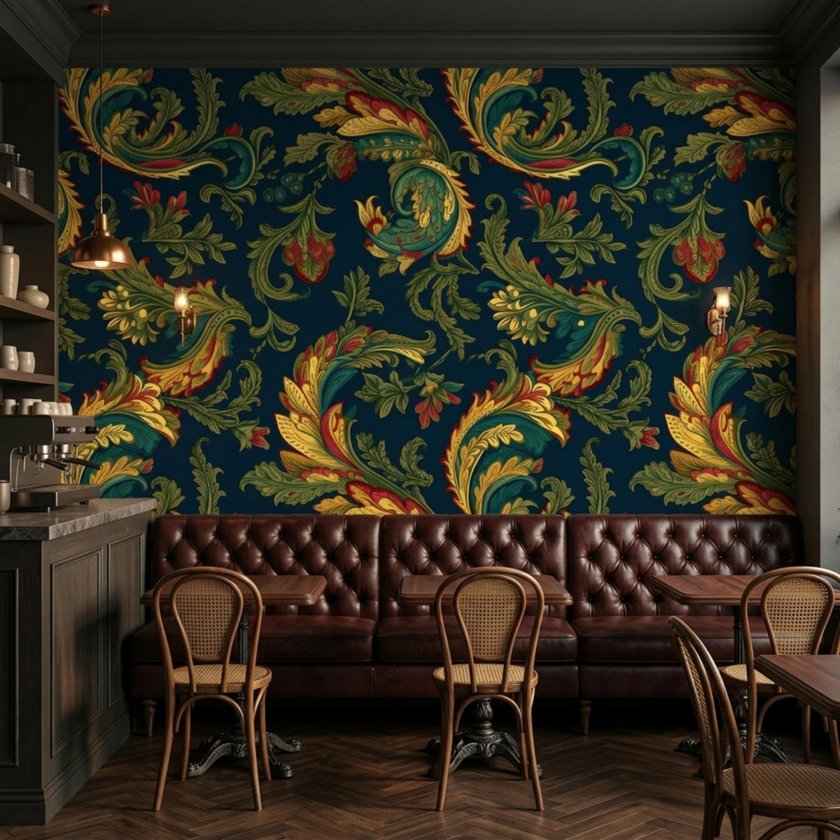A restaurant wall features dark teal baroque acanthus wallpaper behind a tufted brown leather booth with wooden tables and cane-backed chairs.