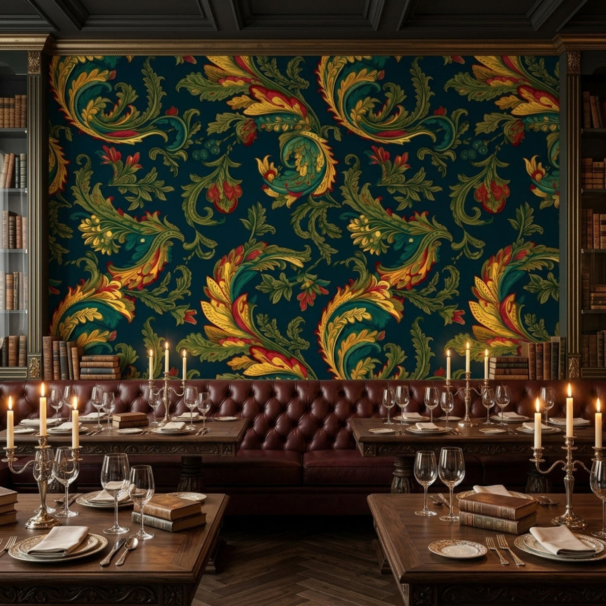 Two dining tables are set with wine glasses and plates in front of a dark teal wall covered in an ornate baroque acanthus wallpaper.