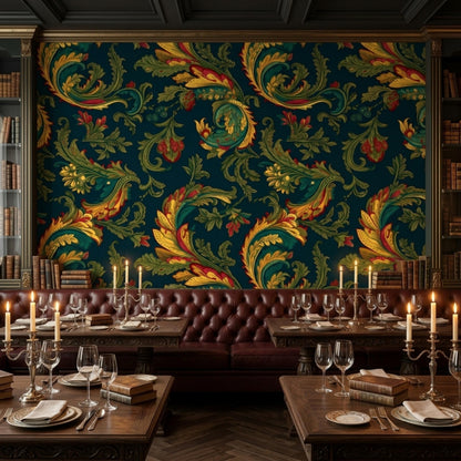 Two dining tables are set with wine glasses and plates in front of a dark teal wall covered in an ornate baroque acanthus wallpaper.