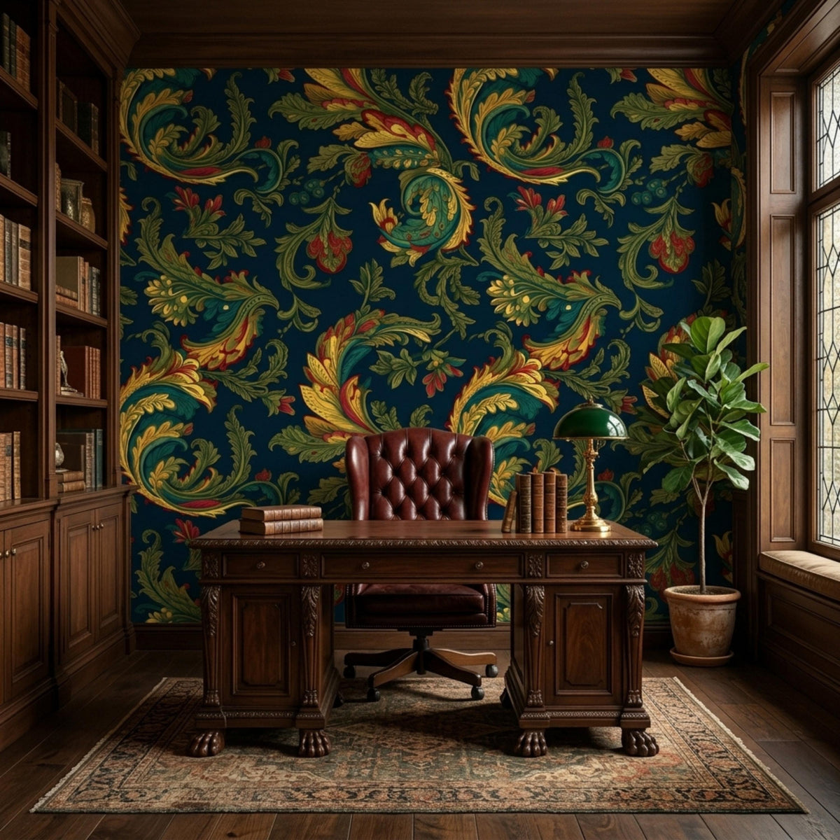 A home office features dark teal baroque acanthus wallpaper, a wooden executive desk, a leather chair, a globe plant, and a large window.