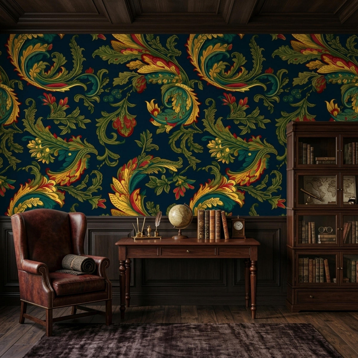 A library features dark teal baroque acanthus wallpaper behind a wooden desk with a globe, books, and a clock, flanked by wooden bookcases.