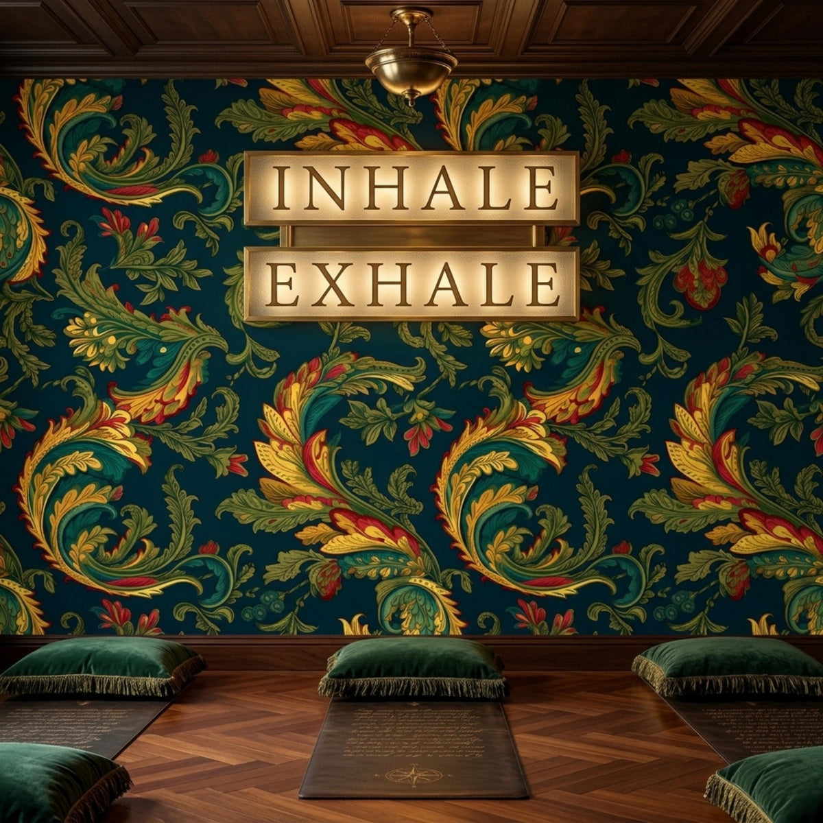 A meditation space features a dark teal baroque acanthus wall, yoga mats on a wood floor, and a glowing two-tier sign reading Inhale Exhale.