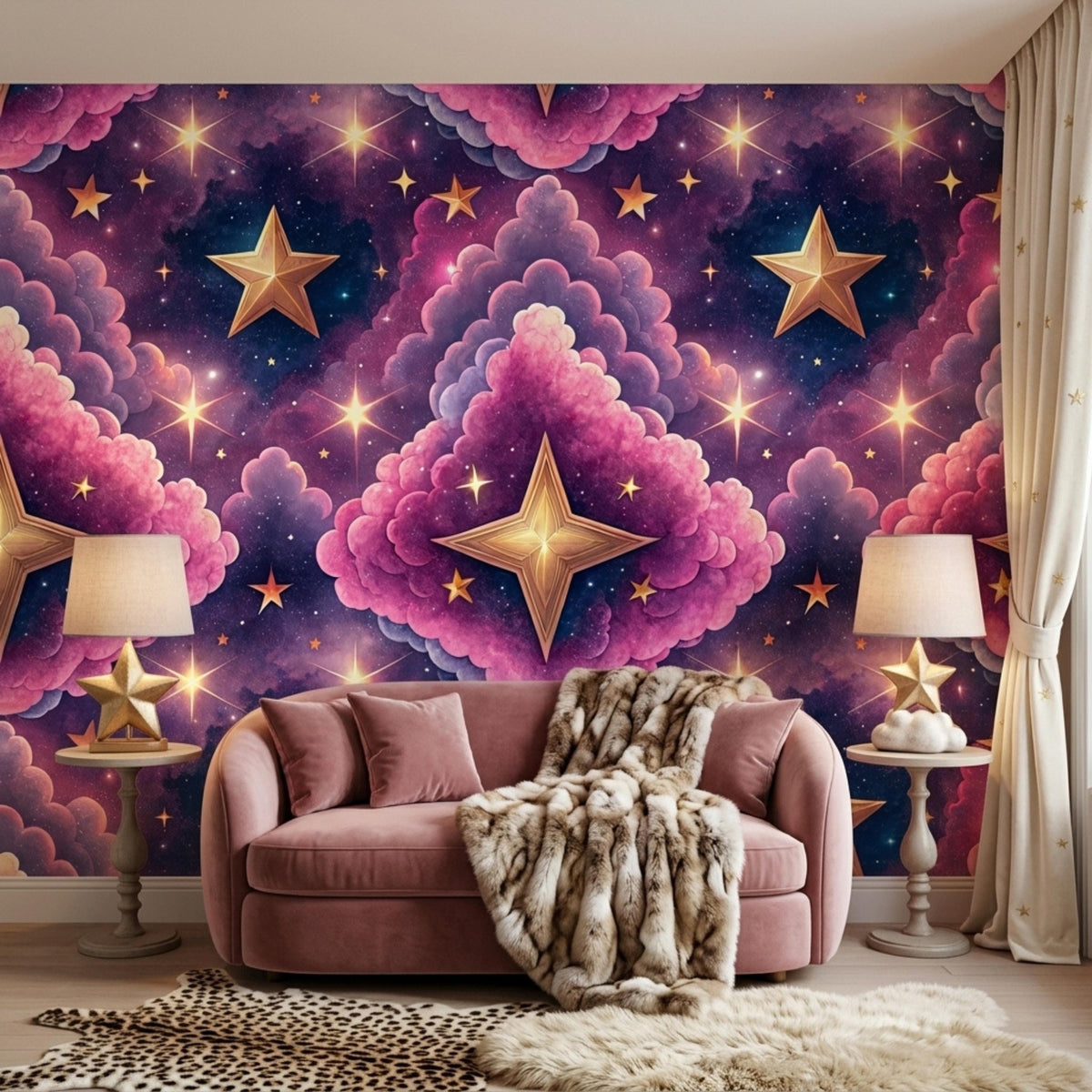 A pink velvet sofa with a fluffy throw blanket sits against a magical celestial wallpaper patterned with pink clouds and gold stars.
