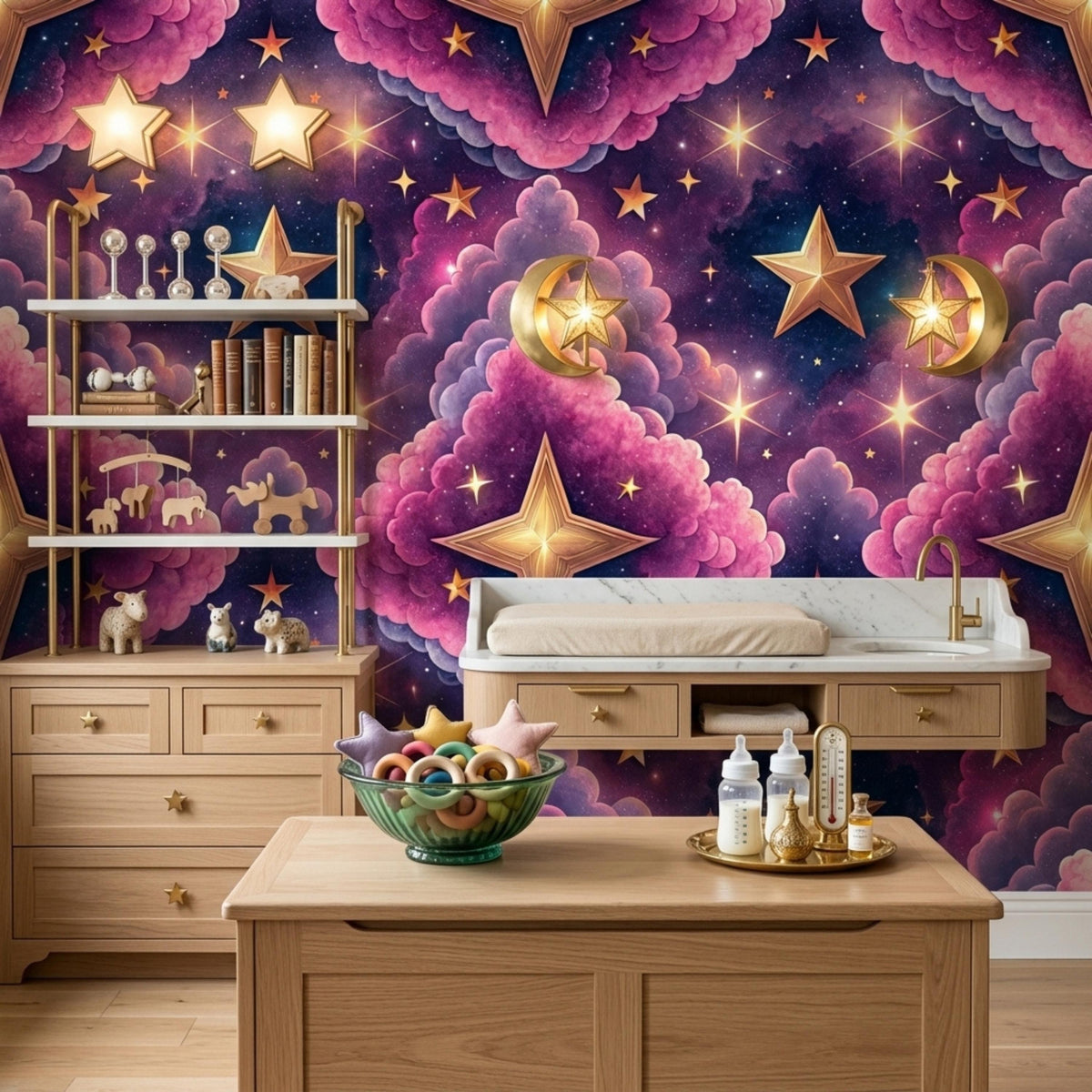 A nursery changing table and organizer boxes are set against a dramatic backdrop of purple galaxy wallpaper with golden stars and clouds.