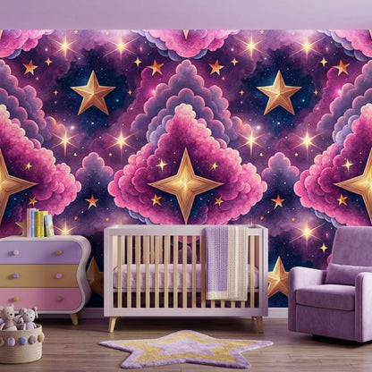 A wooden baby crib stands in front of a purple and pink celestial accent wall, with a star-shaped rug and wooden toys on the floor.