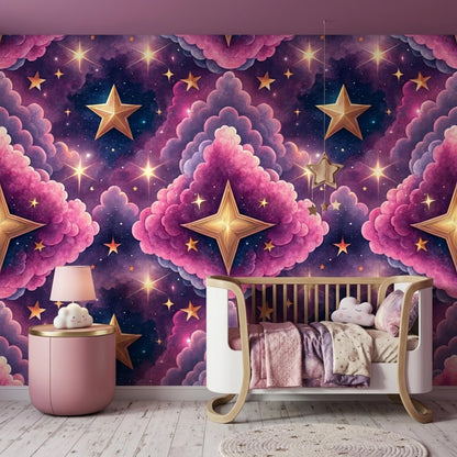 A baby crib with neutral bedding sits against a pink cloud and gold star wallpaper backdrop, alongside a pink side table and lamp.