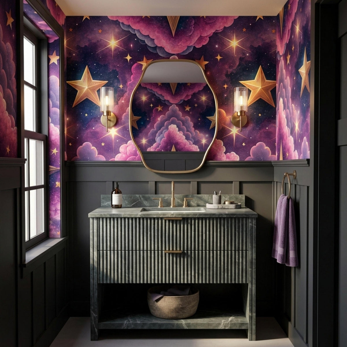 A dark green ribbed vanity vanity with a gold faucet and a rounded mirror hangs on a wall covered in whimsical purple galaxy wallpaper.