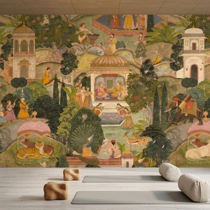 A detailed Mughal miniature art wallpaper mural covers the entire wall, with two yoga mats and cushions placed on the light wood floor.