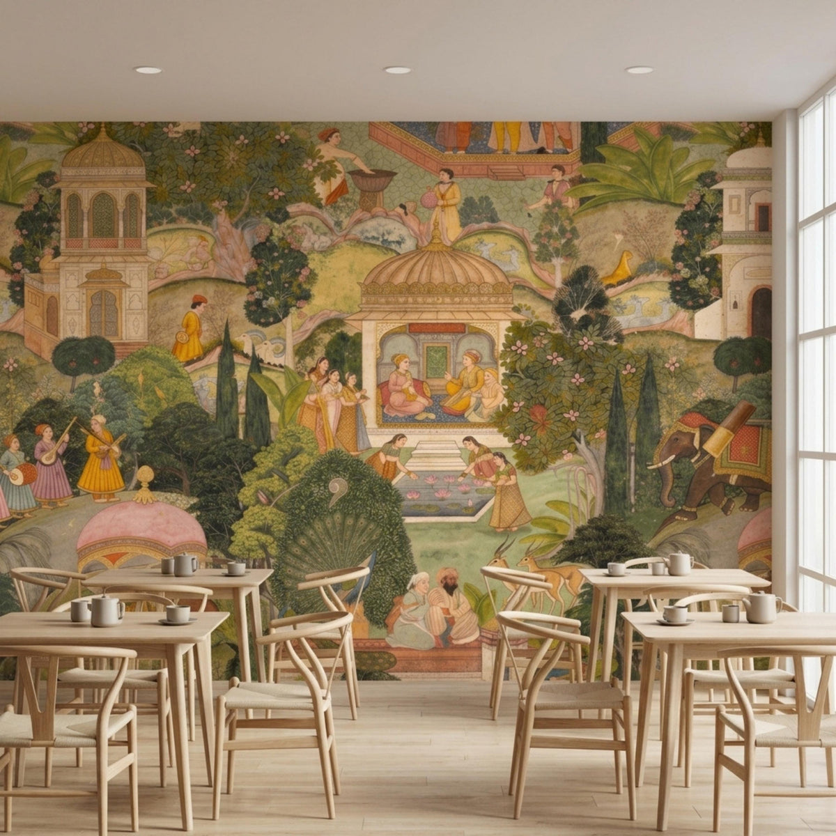 A large Mughal miniature style wall mural serves as a backdrop to a room with several light wood dining tables and chairs.