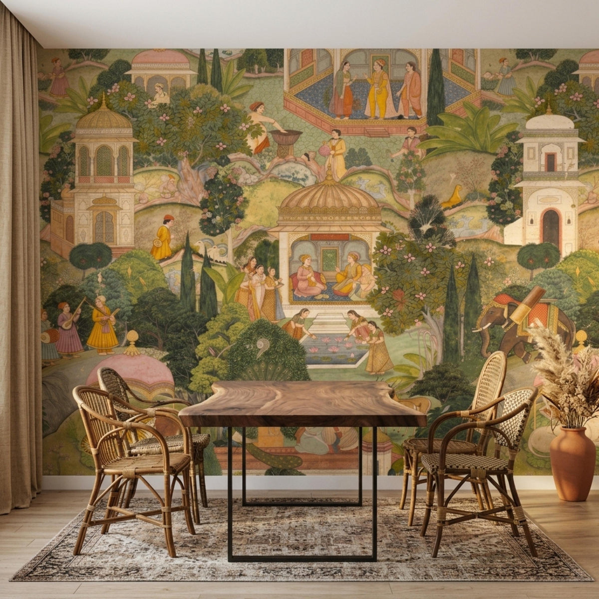 A dining room featuring a detailed Mughal miniature art wallpaper mural on the accent wall behind a wooden dining table and rattan chairs.