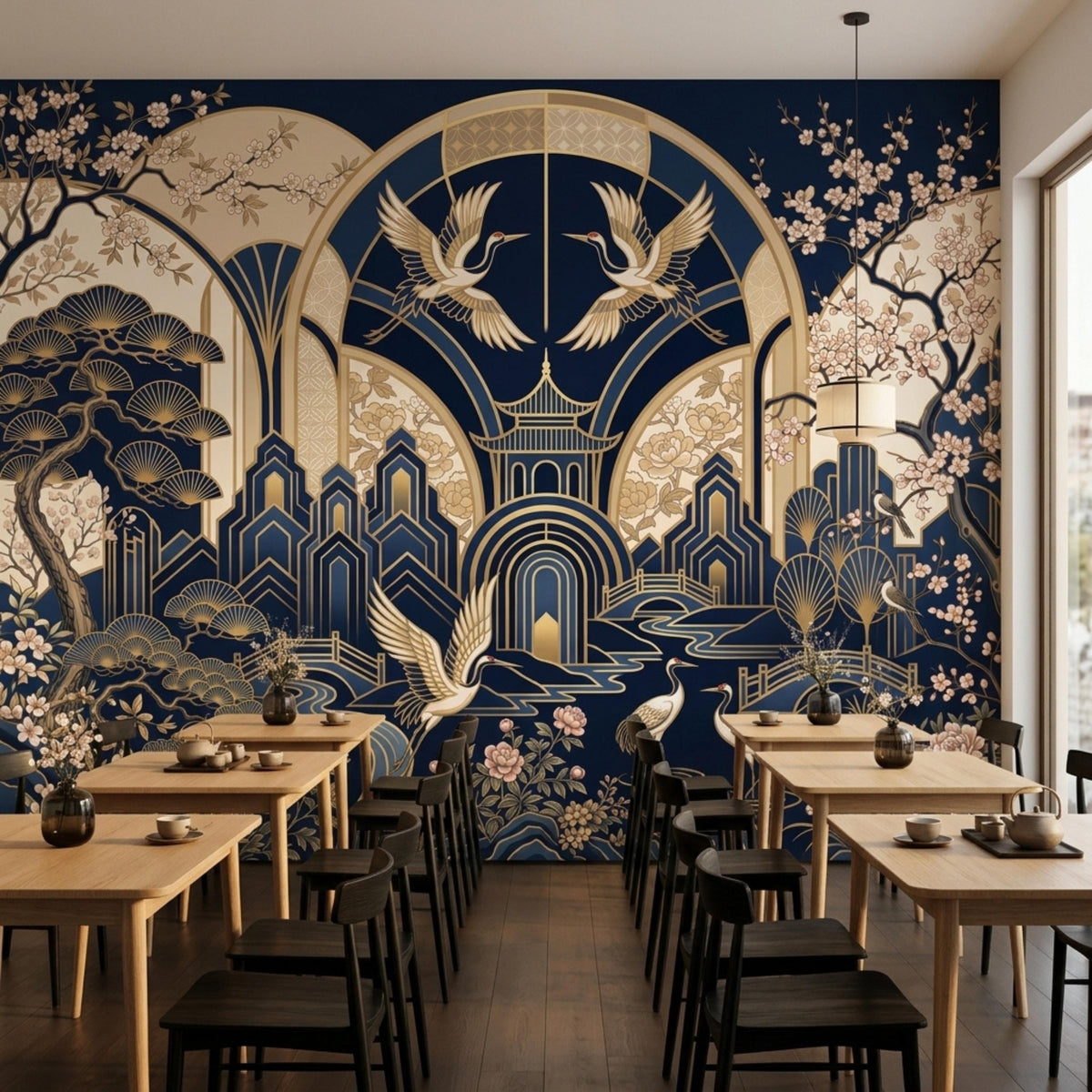 A dining space features wooden tables and black chairs set against a navy and gold crane wallpaper accent wall.