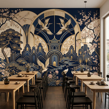 A dining space features wooden tables and black chairs set against a navy and gold crane wallpaper accent wall.