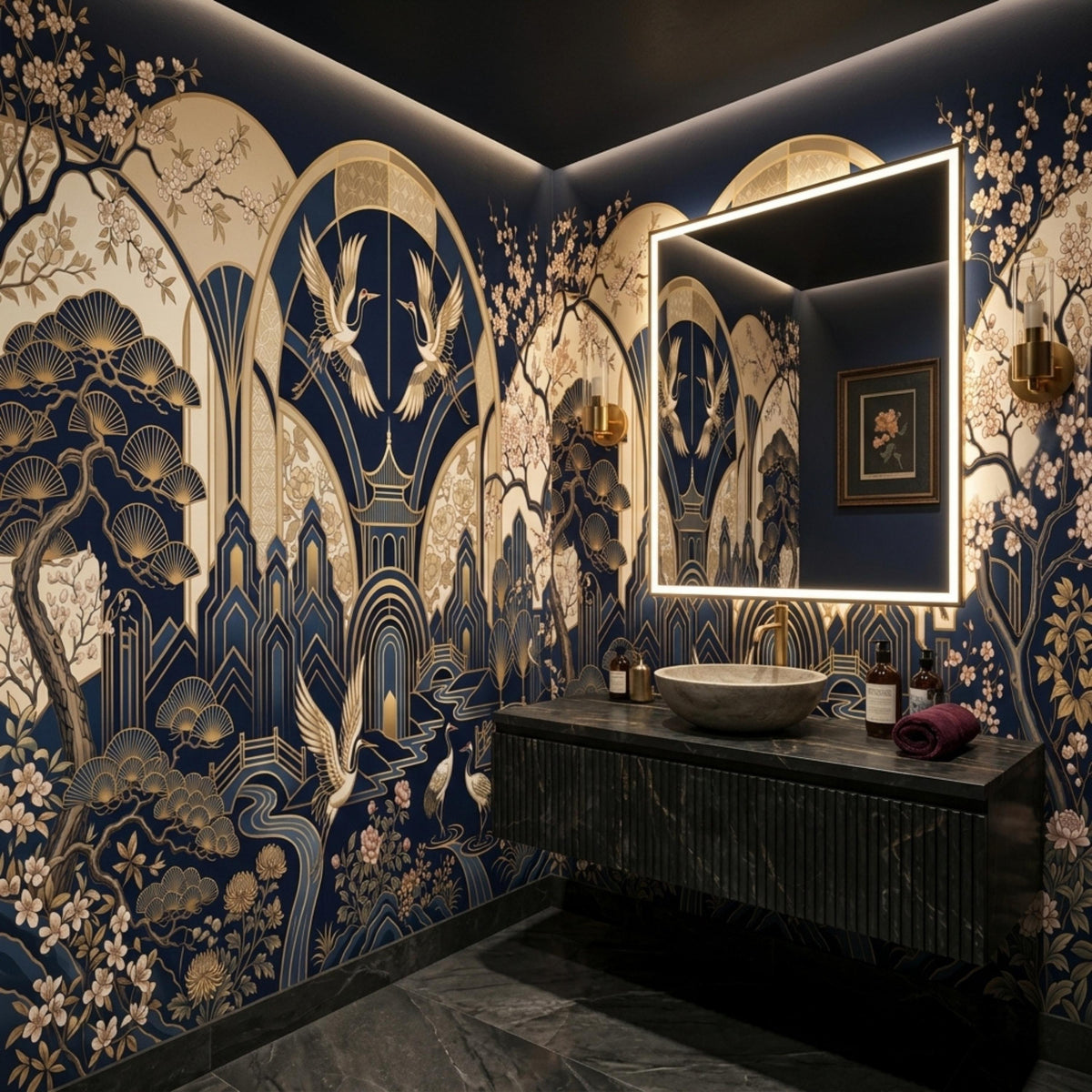 A modern bathroom vanity with a vessel sink is installed against a navy and gold crane wallpaper.