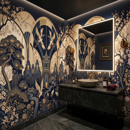 A modern bathroom vanity with a vessel sink is installed against a navy and gold crane wallpaper.