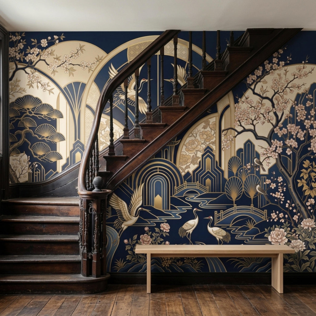 A dark wooden staircase ascends past a navy and gold crane wallpaper mural and a wooden bench.