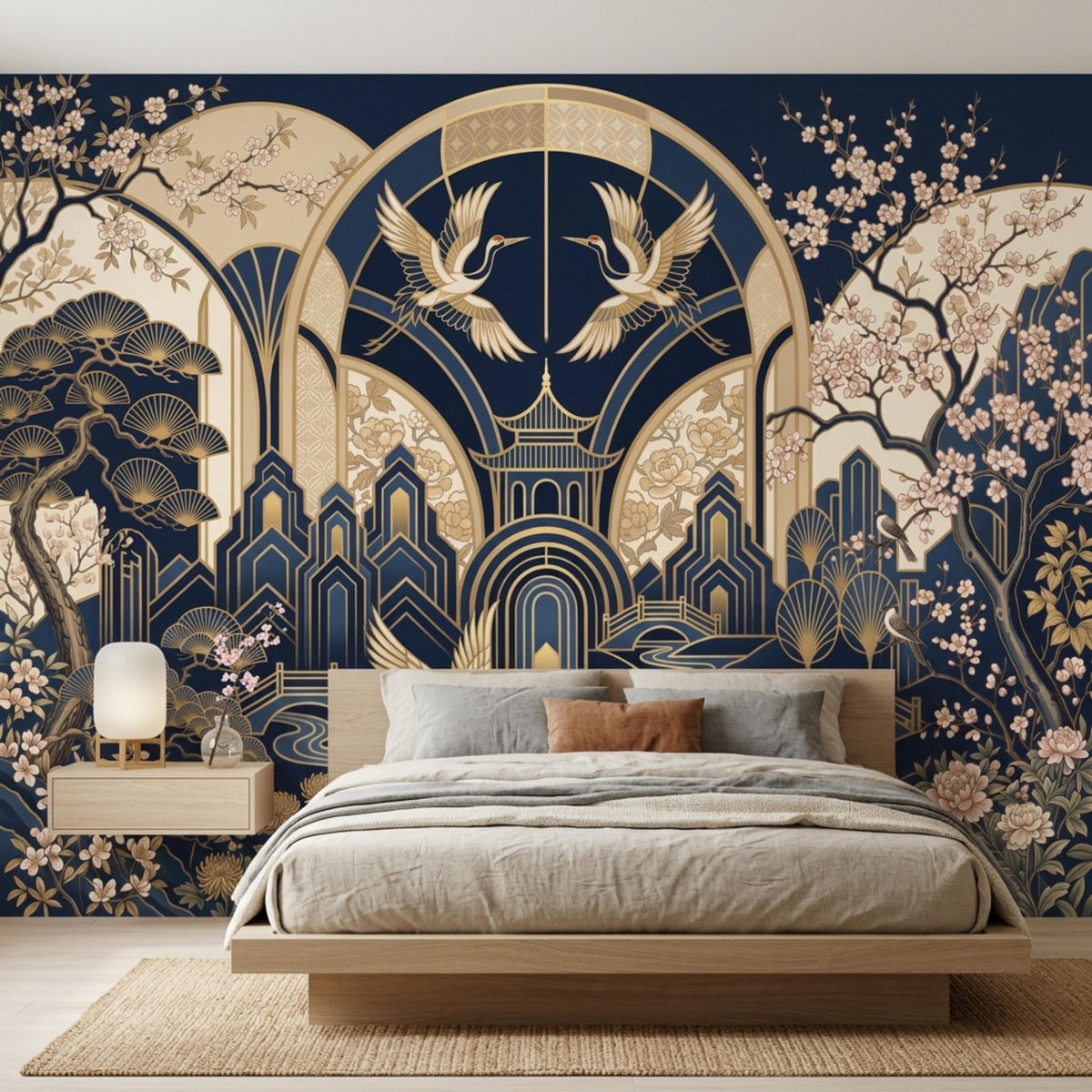 A low wooden bed with neutral bedding is placed against a navy and gold Art Deco crane wallpaper.