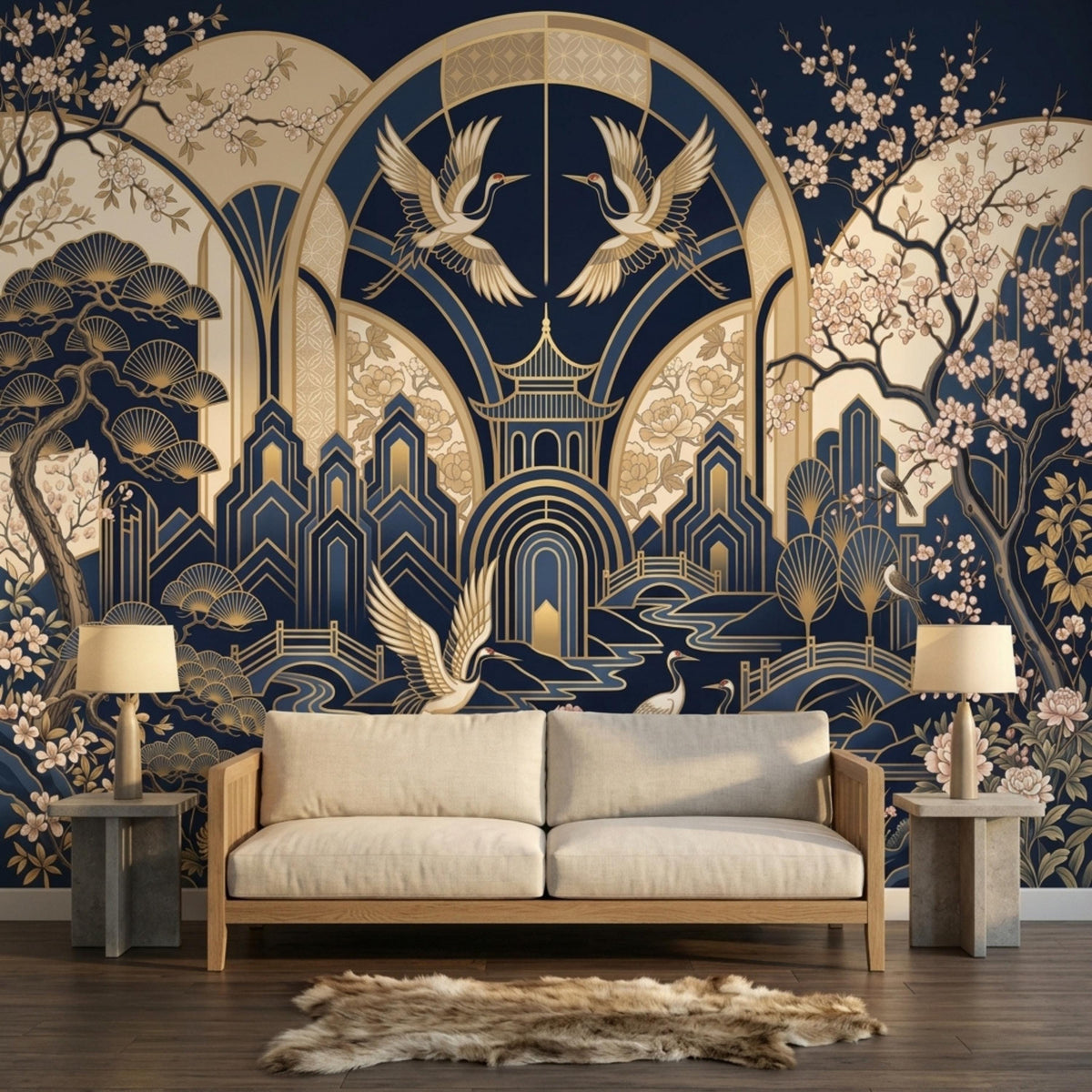 A beige couch with matching side tables is positioned against a navy and gold crane wallpaper mural.
