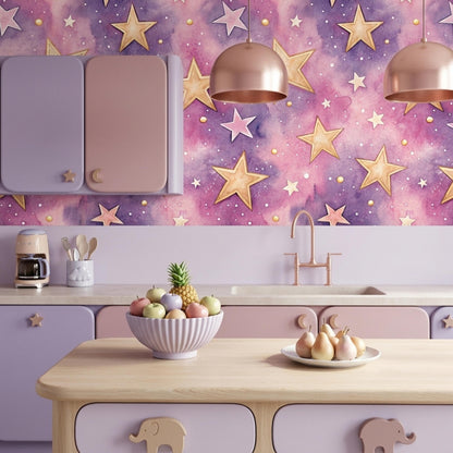 A kitchen with watercolor purple and pink galaxy star wallpaper, purple cabinets, and a fruit bowl.