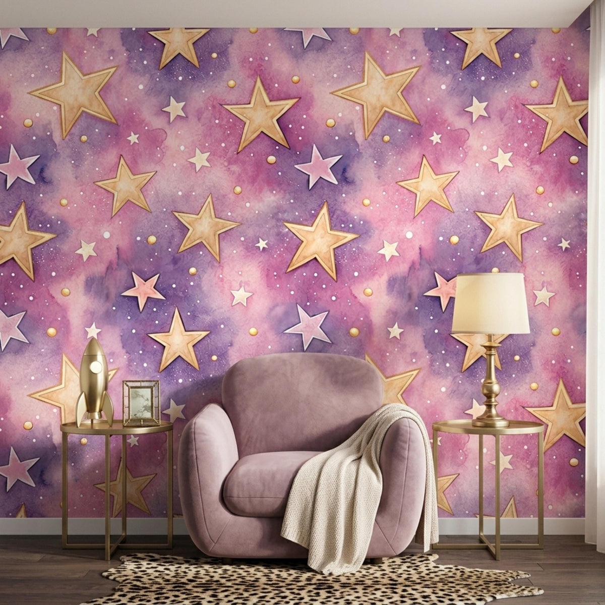 A living space with watercolor purple and pink galaxy star wallpaper, a purple armchair, and two small tables.