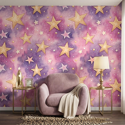 A living space with watercolor purple and pink galaxy star wallpaper, a purple armchair, and two small tables.