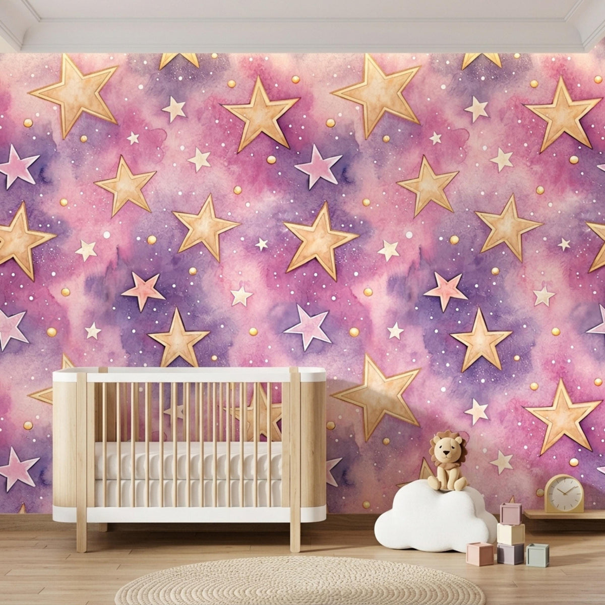 A nursery with watercolor purple and pink galaxy star wallpaper, a wooden crib, and a plush toy.