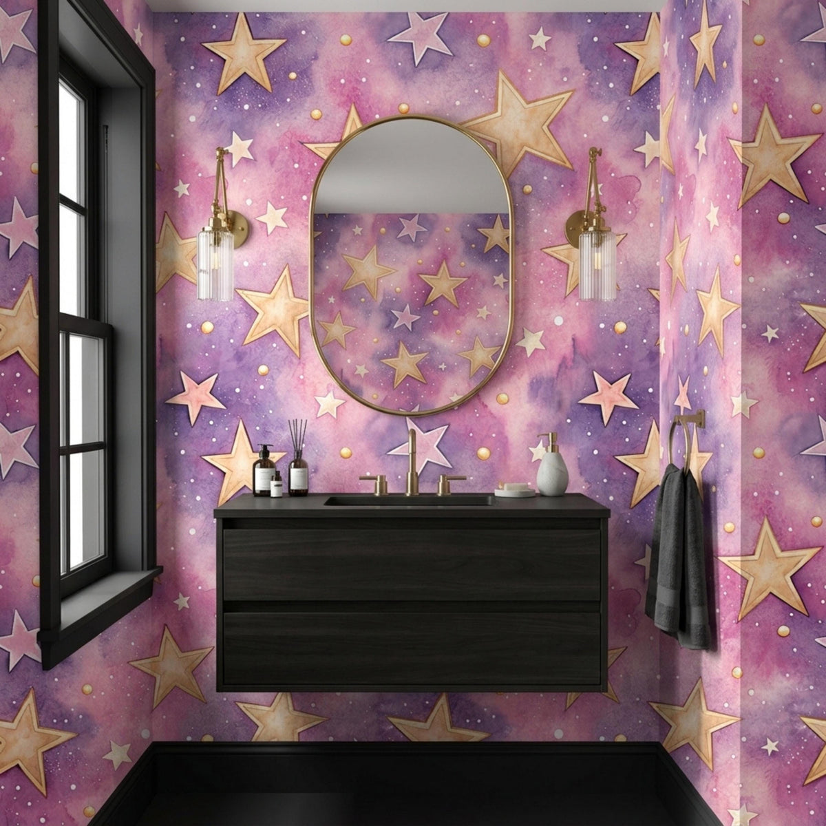 A bathroom with watercolor purple and pink galaxy star wallpaper, a black vanity, and a round mirror.