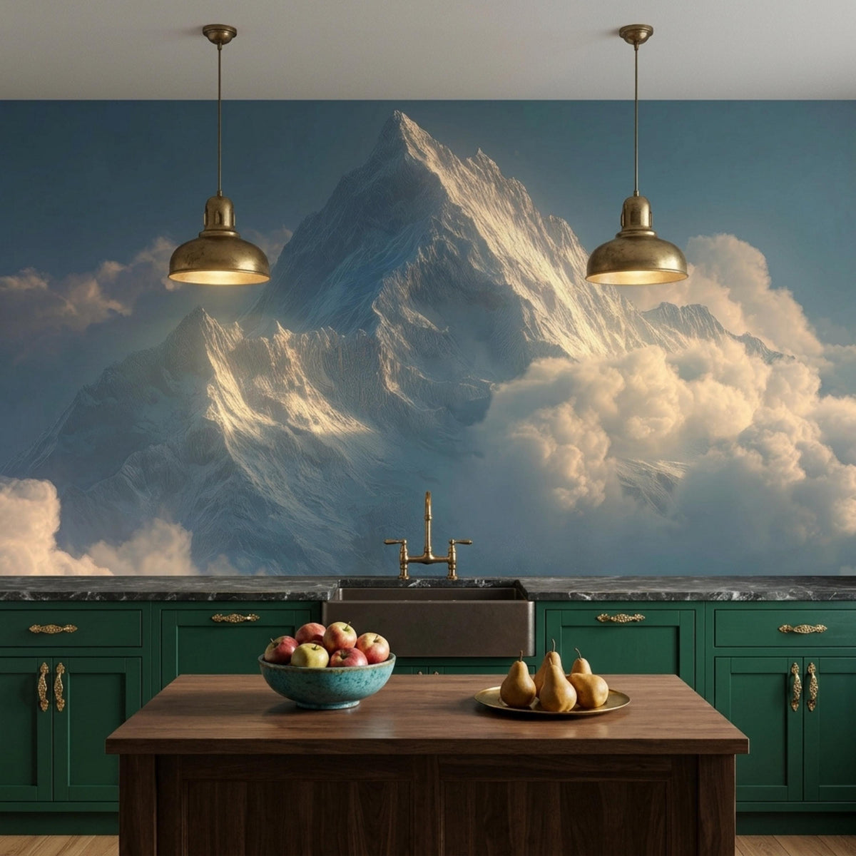 A kitchen with dark green cabinets and a wood island features a mountain wall mural with clouds.