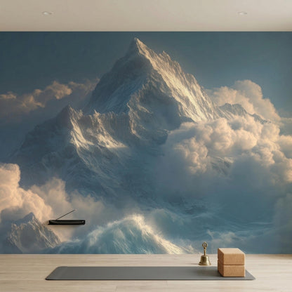 A wooden floor with a yoga mat and blocks in front of a wall mural showing snowy peaks and clouds.