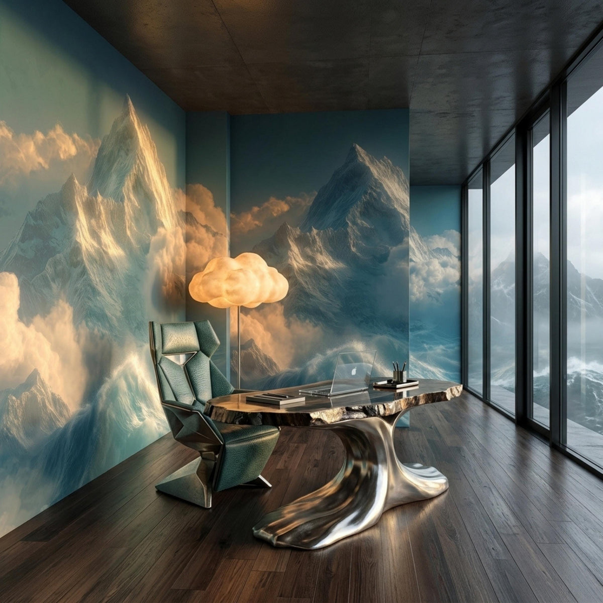 A home office with a modern desk, unique armchair, and a wall mural of snowy mountains next to floor-to-ceiling windows.