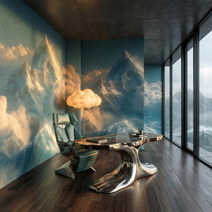A home office with a modern desk, unique armchair, and a wall mural of snowy mountains next to floor-to-ceiling windows.