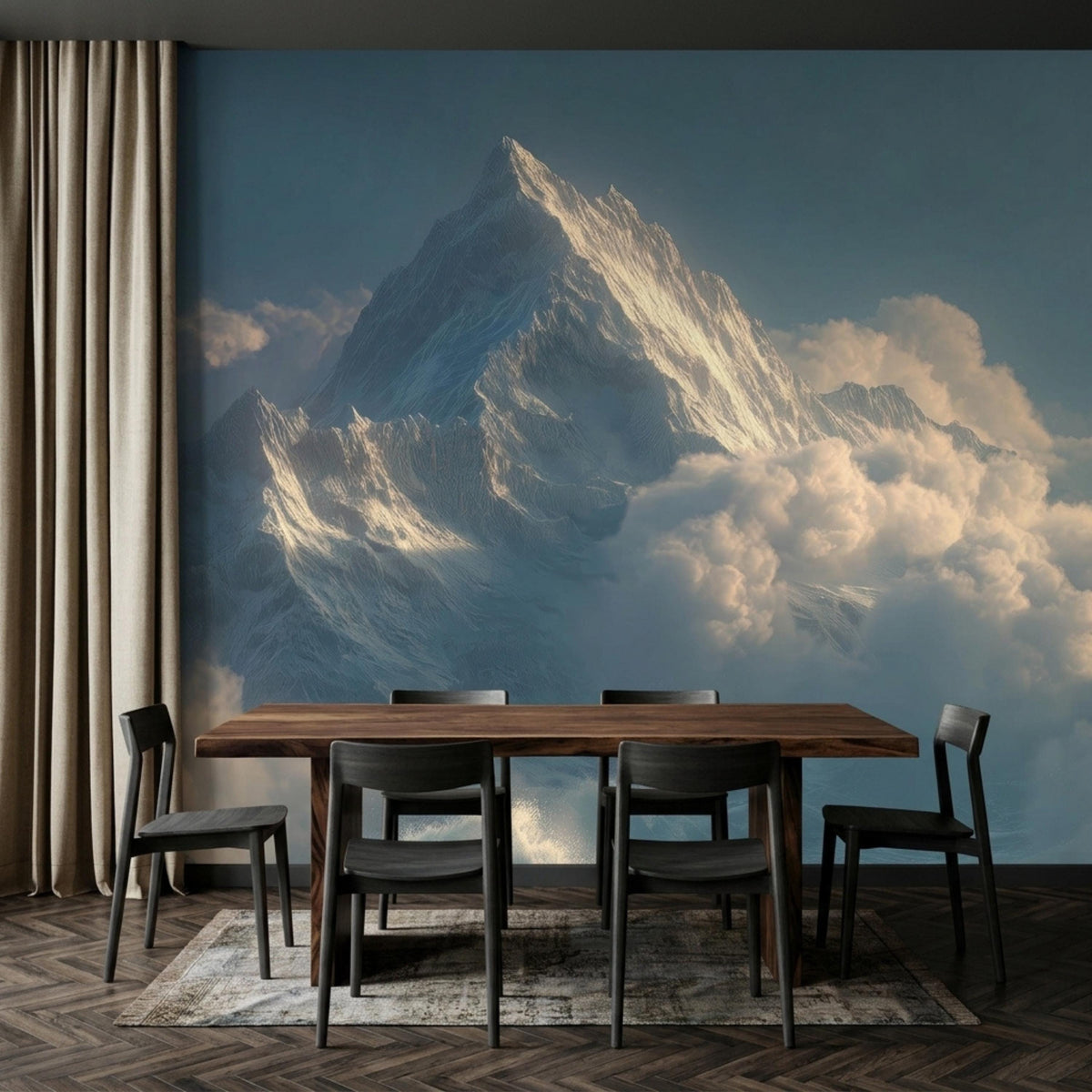 A large dark wood dining table surrounded by four black chairs against a snowy mountain wall mural.