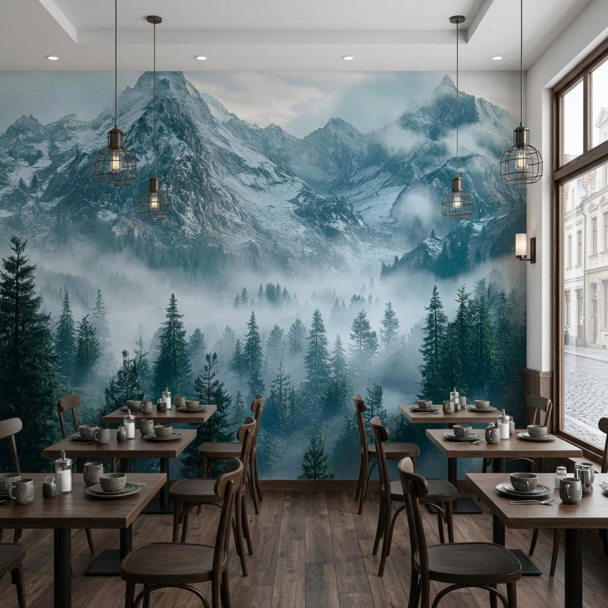 A restaurant interior features wooden tables and chairs set against a large misty mountain forest mural wallpaper.