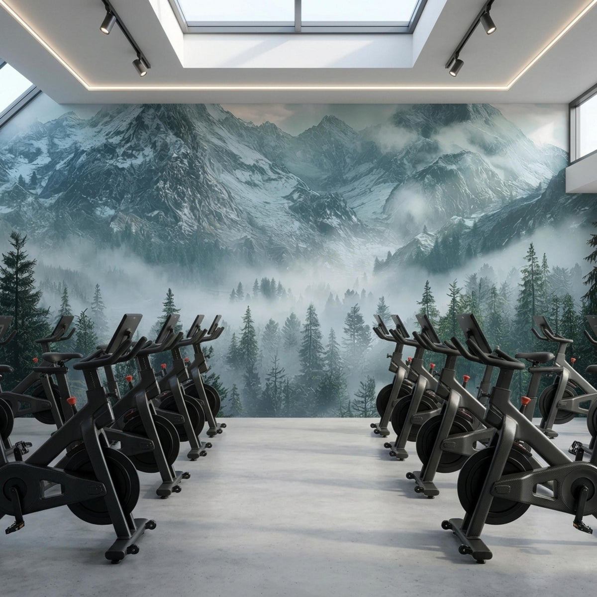 A row of exercise bikes faces a large misty mountain forest wall mural in a bright gym space.