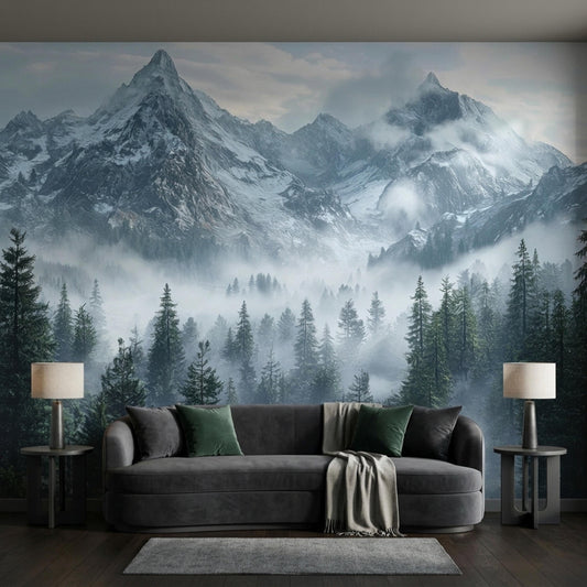 A dark gray sofa with pillows and a blanket sits in front of a large misty mountain forest accent wall.