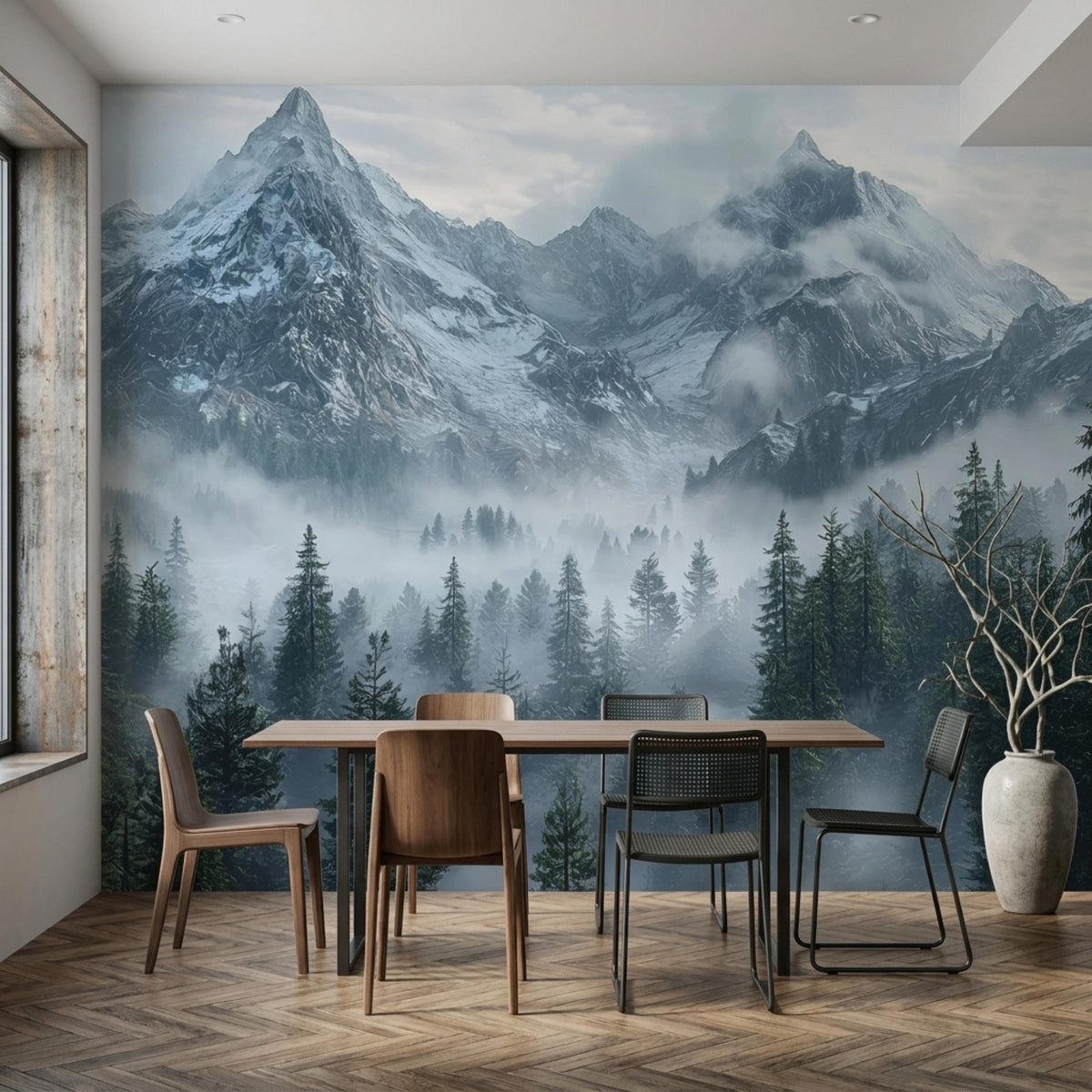 A dining table and various chairs are placed in a room with a foggy mountain and pine forest wall mural.