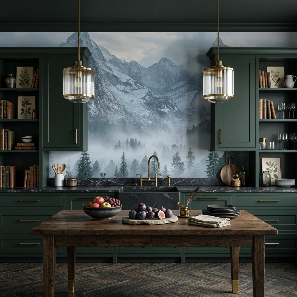 A kitchen with dark green cabinets and a wooden dining table features a misty mountain forest mural as a backsplash.