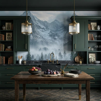 A kitchen with dark green cabinets and a wooden dining table features a misty mountain forest mural as a backsplash.