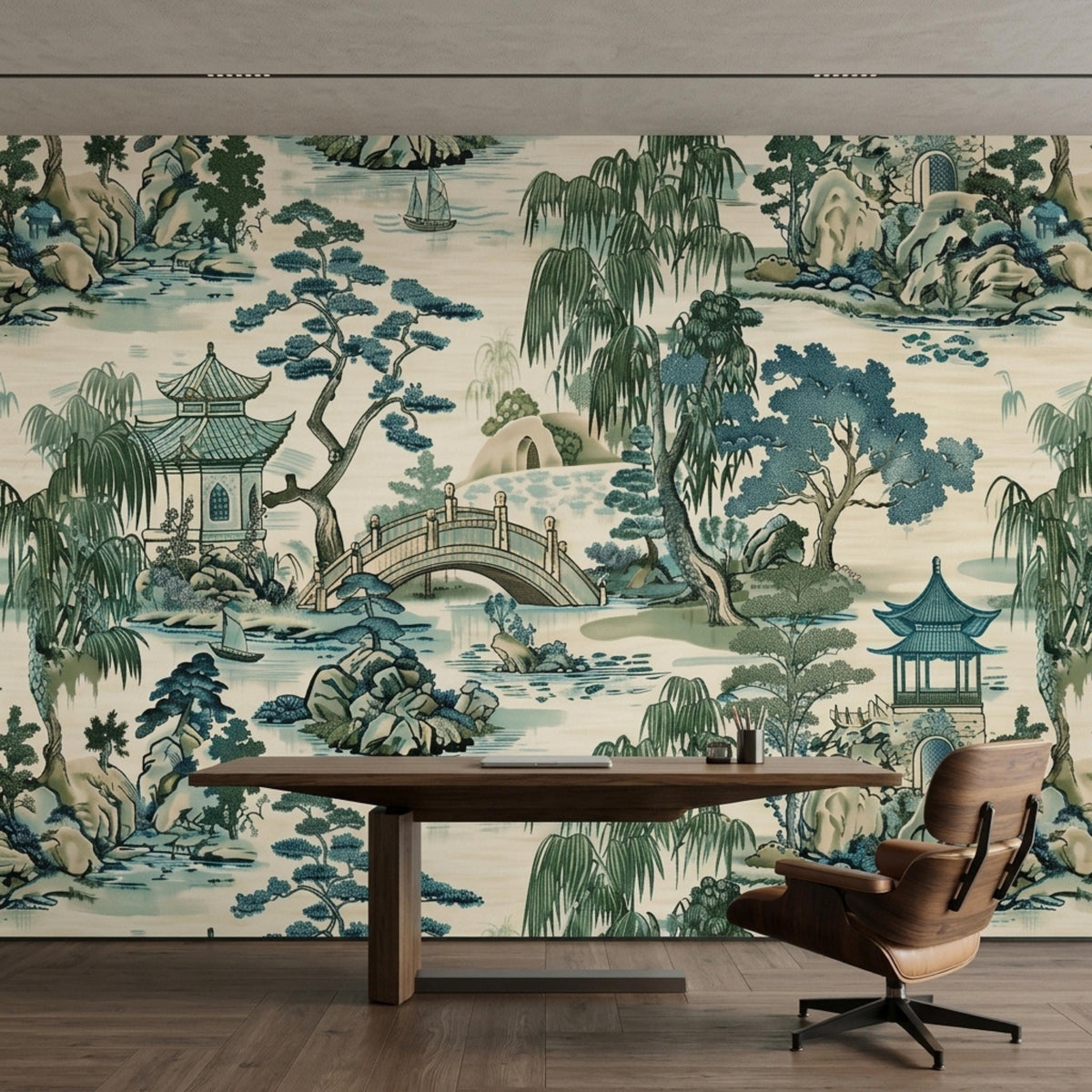 A room featuring a vintage Chinese landscape wallpaper with a dark wood table and an ergonomic chair.