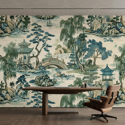 A room featuring a vintage Chinese landscape wallpaper with a dark wood table and an ergonomic chair.