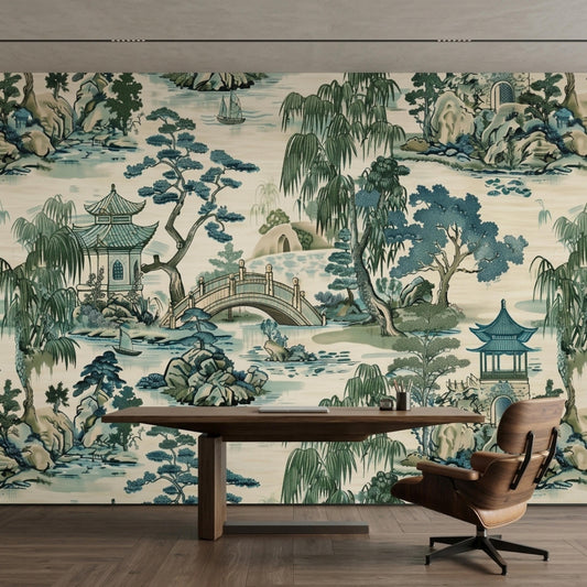 A room featuring a vintage Chinese landscape wallpaper with a dark wood table and an ergonomic chair.