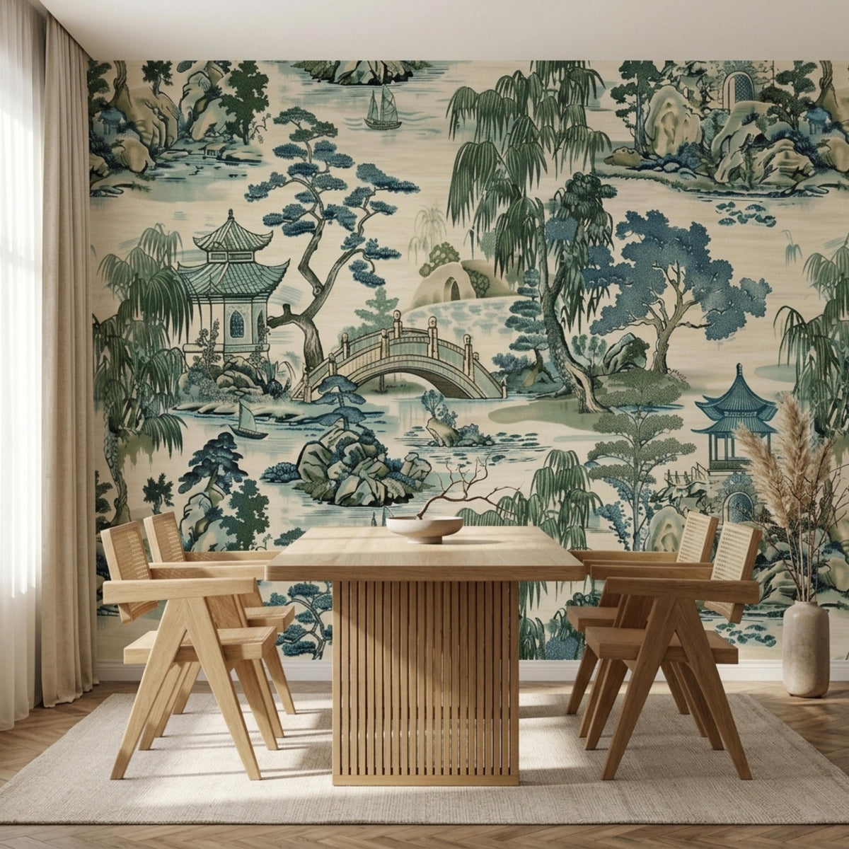 A dining space with a wooden table and chairs set against an Asian-inspired scenic wall mural.